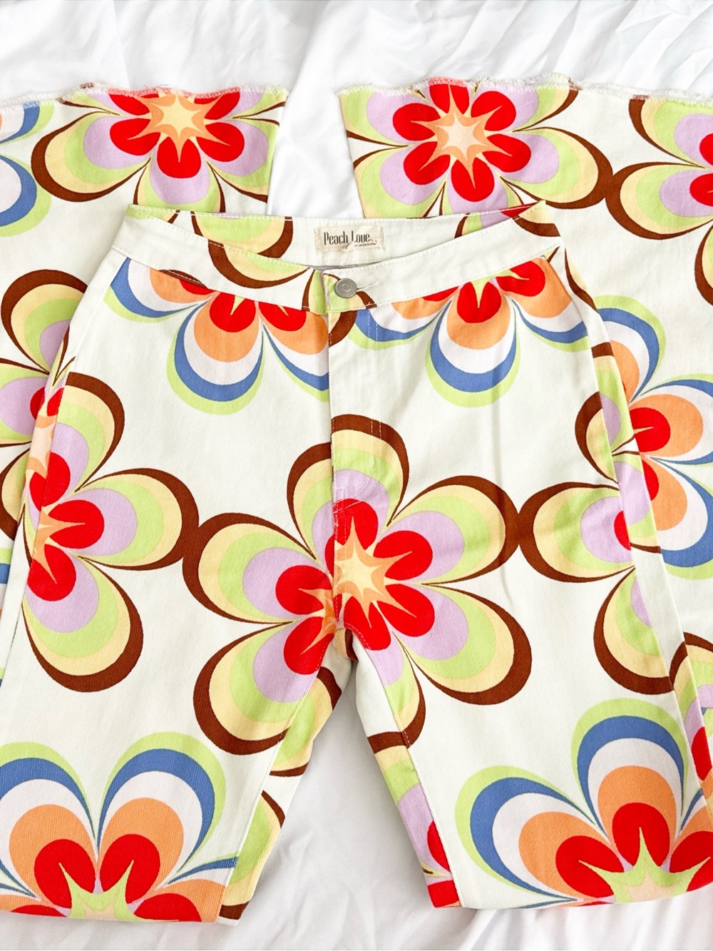 Peach Love California Wide Leg Floral Pants — Cream with Red, Brown & Pastels